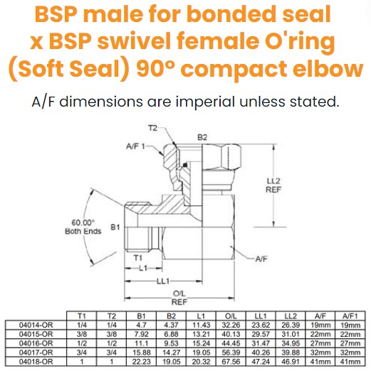 1/4 BSP x 1/4 BSP M/F 90° Compact For Bonded Seal with Soft Seat Oring On Fem Hydraulic Adaptor
